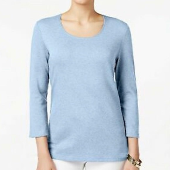 Karen Scott Tops - Light Blue Heather Cotton Long Sleeve Scoopneck Top Size XL
